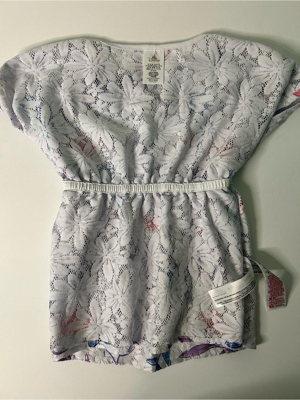 Disney White Eyelet Top with Purple, Blue & Coral Floral Accents Kaftan sleeves - Picture 9 of 9